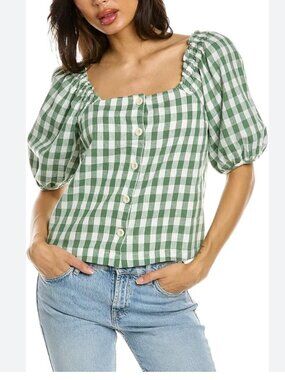 Madewell Linen/Cotton Square Neck Button-Front Top Green Gingham-MED